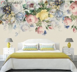 Фотообои цветочная фреска в интерьере спальни