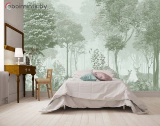 Фреска лес в тумане в интерьере спальни