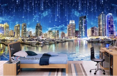 3Д фотообои современный ночной город в интерьере комнаты
