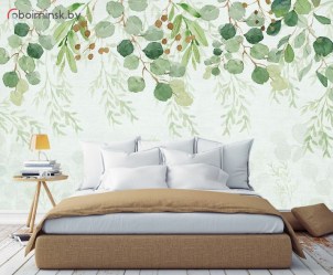Фотообои весящие листья акварель в интерьере спальни