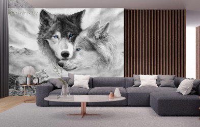 Фотообои De-Art Волки фреска в интерьере спальни