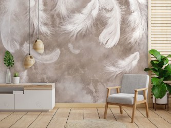 Фотообои De-Art Воздушные перья бежевый цвет в интерьере