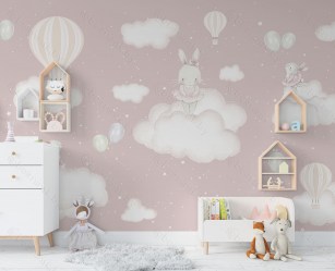 Фотообои Зайки в облаках для детской комнаты в интерьере
