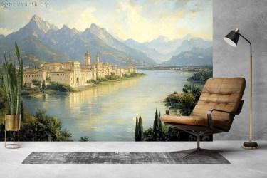 Фотообои De-Art Замок на озер иллюстрация в интерьере гостиной