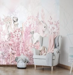 Фотообои для девочки единороги в розовых цветах в интерьере детской