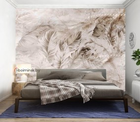 Фотообои жемчужные перья фреска в интерьере спальни