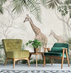 Фотообои фреска жирафы в интерьере комнаты 