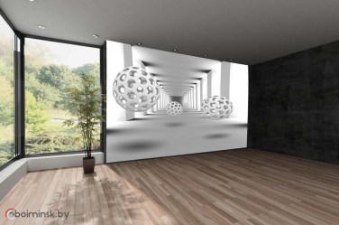 3д фотообои шары в тоннеле в интерьере комнаты